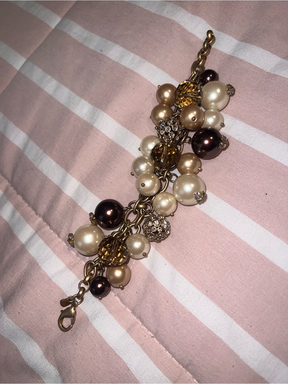 Stella & Dot Gold-Tone Bracelet with Champagne, Brown, and Cream Pearls